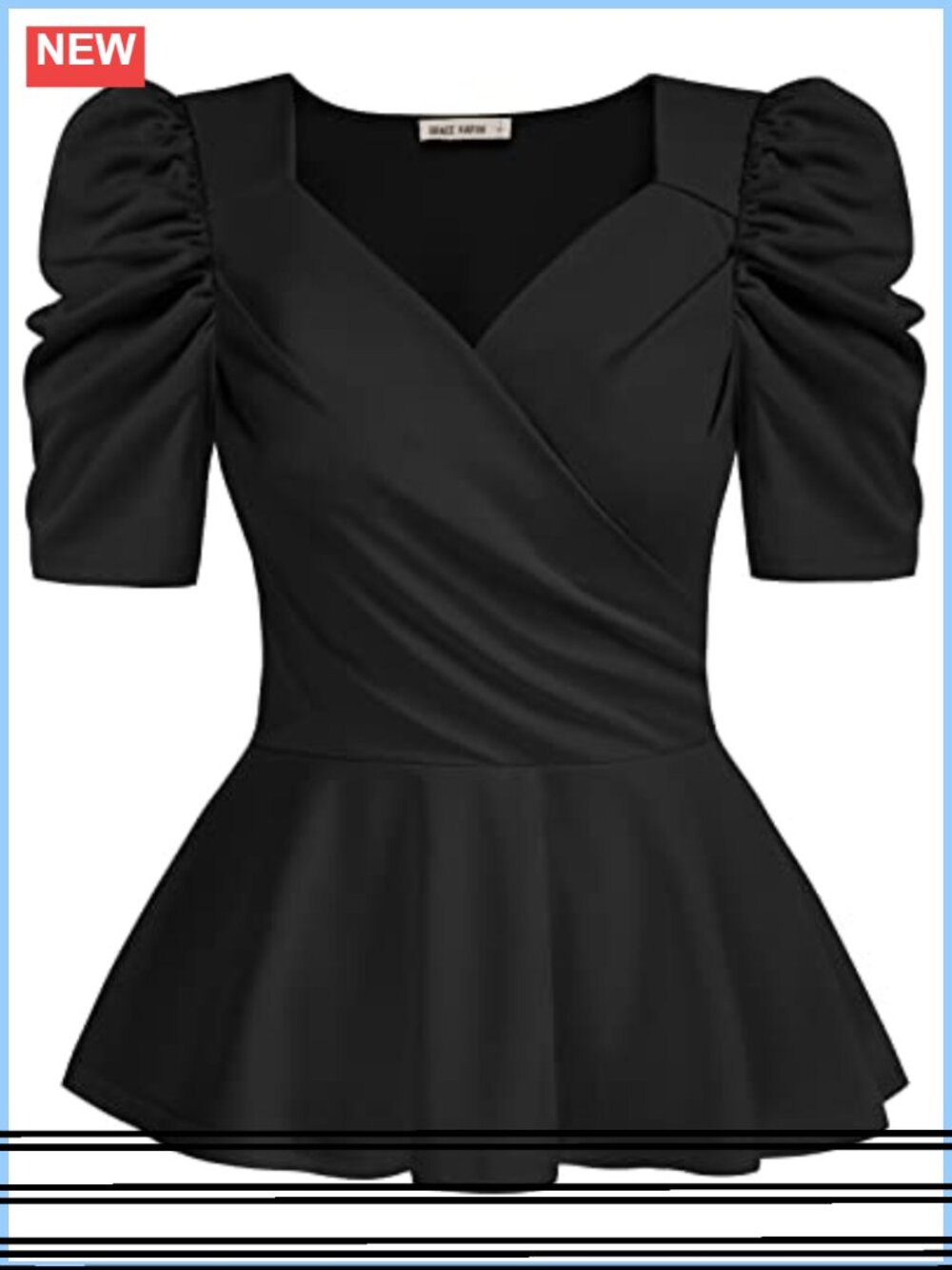 Puff Sleeve Wrap V-Neck Ruffle Hem Blouse Short Sleeve Peplum Top